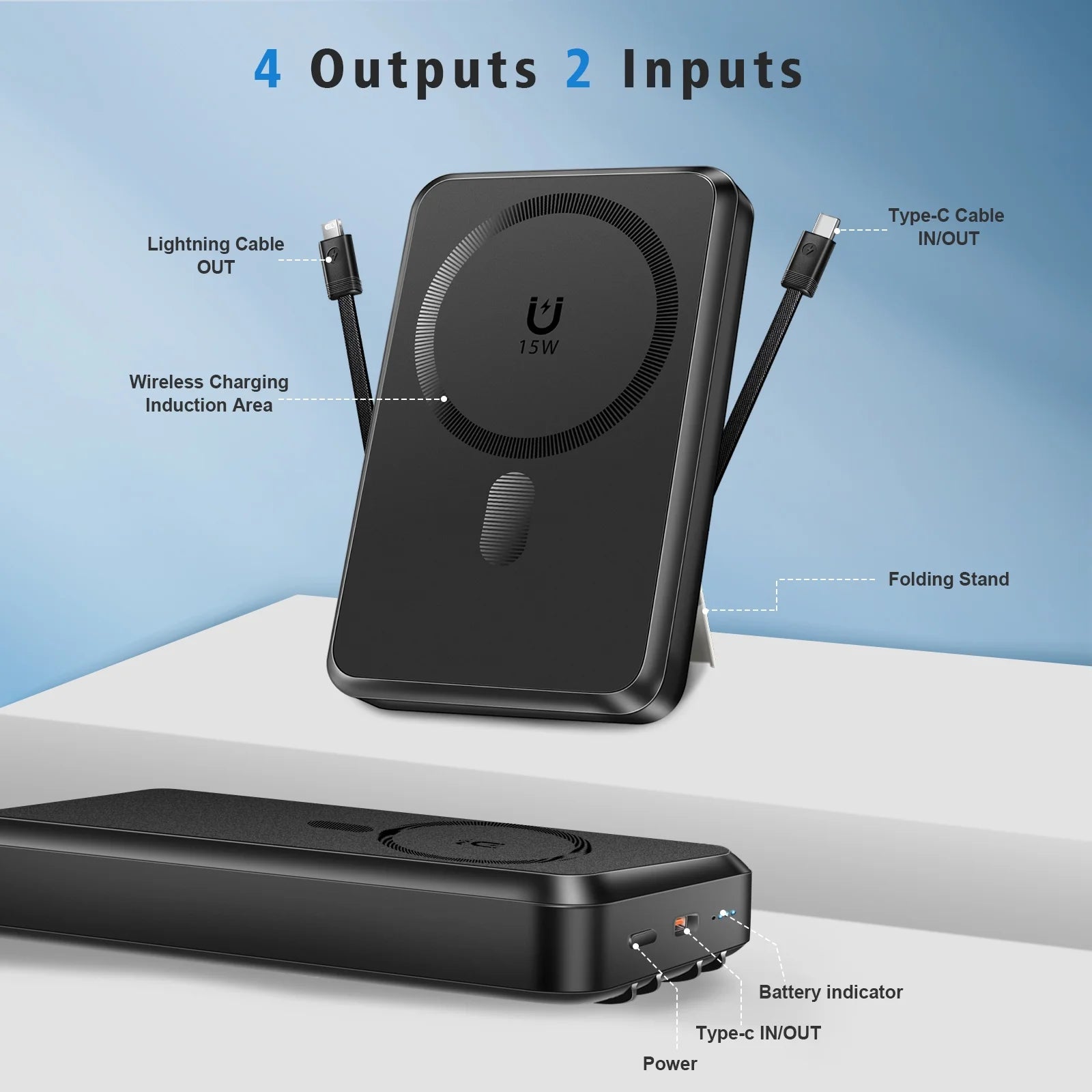 Magnetic Wireless Portable Charger - 10000mAh Power Bank with Built-in Cables & Foldable Stand, 22.5W Fast Charging for iPhone 17/16, Samsung & Android - Sleek Black Design