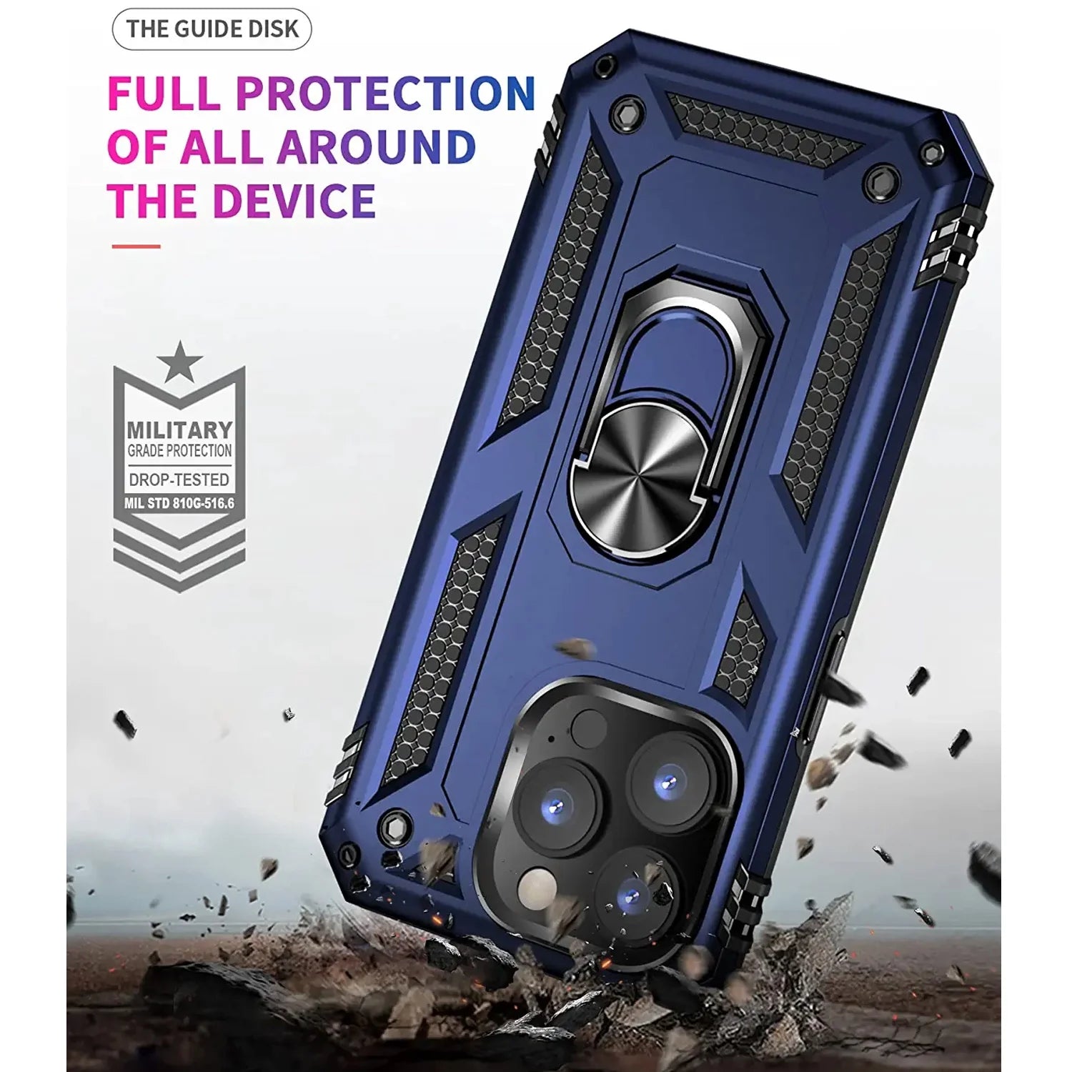 Phone Case for Apple Iphone 14 Pro Max, Impact Resistant Metal Ring Magnetic Support Kickstand Drop Protector Cover for Iphone 14 Pro Max (Blue)