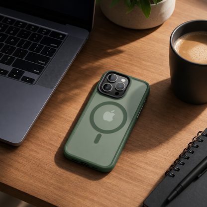 Green phone case with Apple logo on a wooden desk with laptop, cup of coffee, and notebook.