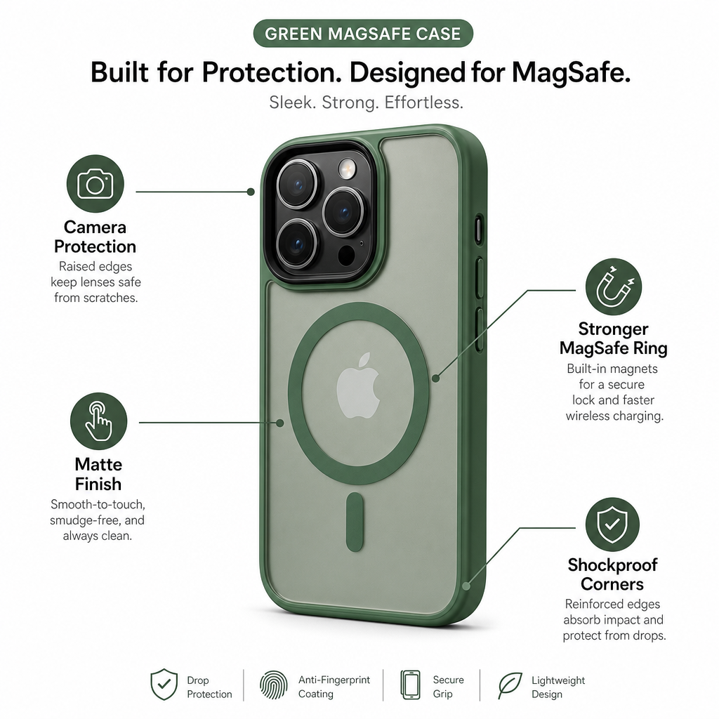 Green MagSafe case with features highlighted on a white background