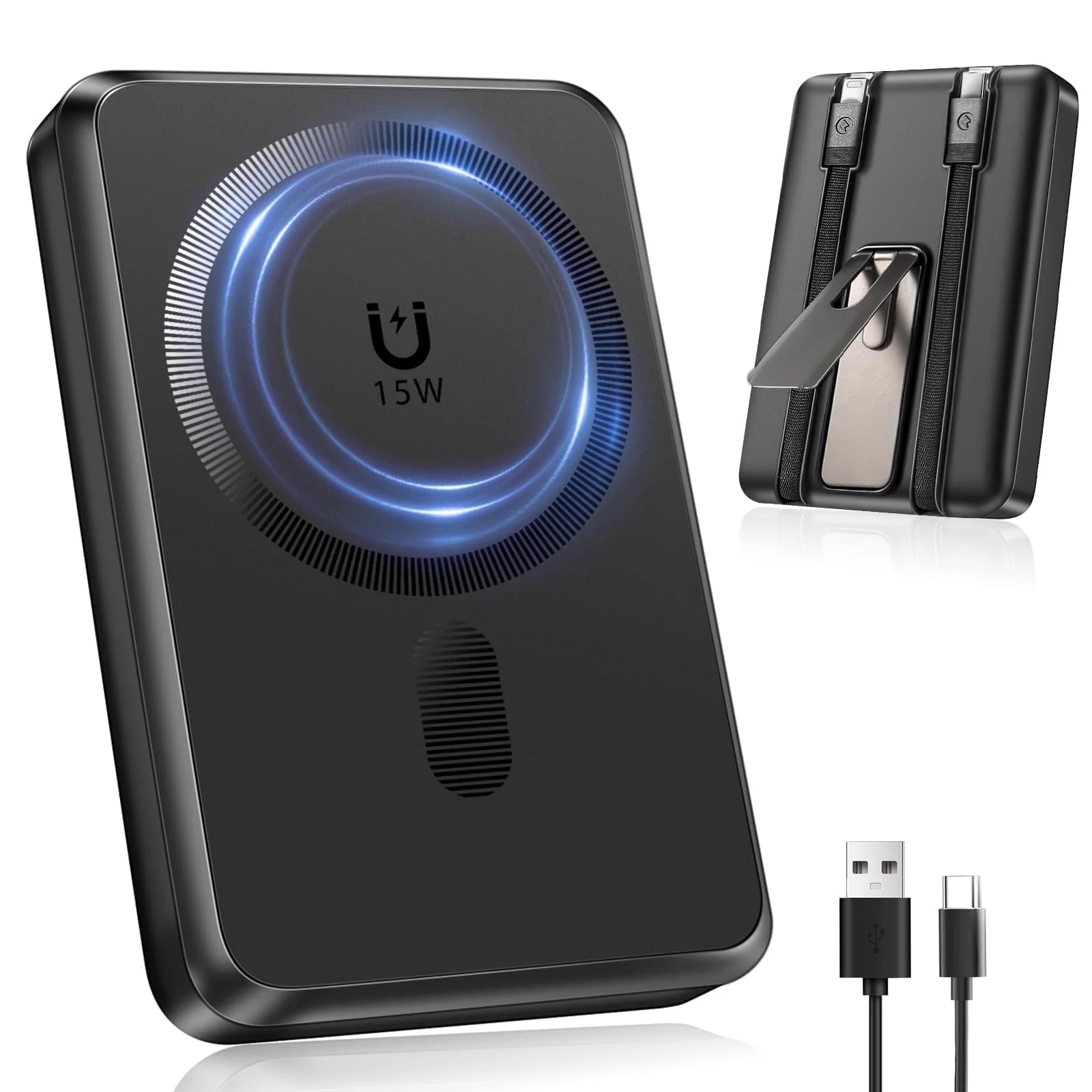Magnetic Wireless Portable Charger - 10000mAh Power Bank with Built-in Cables & Foldable Stand, 22.5W Fast Charging for iPhone 17/16, Samsung & Android - Sleek Black Design