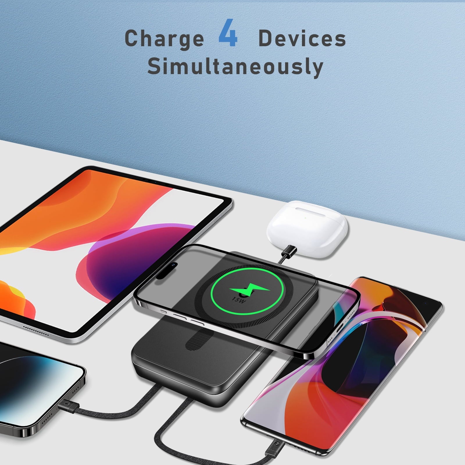 Magnetic Wireless Portable Charger - 10000mAh Power Bank with Built-in Cables & Foldable Stand, 22.5W Fast Charging for iPhone 17/16, Samsung & Android - Sleek Black Design